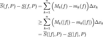 \begin{align}\overline S(f,P)-\underline S(f,P)&=\sum_{k=1}^n \Big(M_k(f)-m_k(f)\Big)\Delta x_k\\&\ge\sum_{k=1}^n \Big(M_k(|f|)-m_k(|f|)\Big)\Delta x_k\\&=\overline S(|f|,P)-\underline S(|f|,P)\end{align}