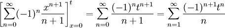 \left[\sum_{n=0}^\infty(-1)^n\frac{x^{n+1}}{n+1}\right]_{x=0}^t=\sum_{n=0}^\infty \frac{(-1)^nt^{n+1}}{n+1}=\sum_{n=1}^\infty\frac{(-1)^{n+1}t^n}n