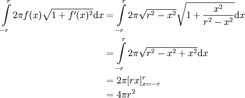 \begin{align}\int\limits_{-r}^r 2\pi f(x)\sqrt{1+f'(x)^2}\mathrm dx&=\int\limits_{-r}^r2\pi\sqrt{r^2-x^2}\sqrt{1+\frac{x^2}{r^2-x^2}}\mathrm dx\\&=\int\limits_{-r}^r2\pi\sqrt{r^2-x^2+x^2}\mathrm dx\\&=2\pi[rx]_{x=-r}^r\\&=4\pi r^2\end{align}