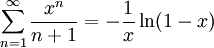\sum_{n=1}^\infty \frac{x^n}{n+1}=-\frac1x\ln(1-x)
