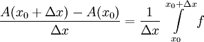 \frac{A(x_0+\Delta x)-A(x_0)}{\Delta x}=\frac1{\Delta x}\int\limits_{x_0}^{x_0+\Delta x}f