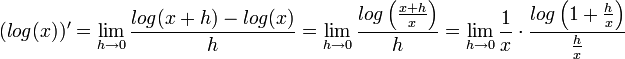 (log(x))'=\lim_{h\to 0}\frac{log(x+h)-log(x)}{h}= \lim_{h\to 0}\frac{log\left(\frac{x+h}{x}\right)}{h}=\lim_{h\to 0}\frac{1}{x}\cdot\frac{log\left(1+\frac{h}{x}\right)}{\frac{h}{x}}