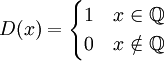 D(x)=\begin{cases} 1&x\in\mathbb{Q}\\0&x\notin\mathbb{Q}\end{cases}