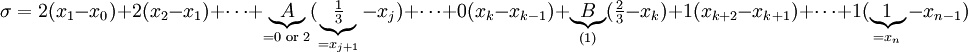 \sigma=2(x_1-x_0)+2(x_2-x_1)+\dots+\underbrace A_{=0\text{ or }2}(\underbrace{\tfrac13}_{=x_{j+1}}-x_j)+\dots+0(x_k-x_{k-1})+\underbrace B_{(1)}(\tfrac23-x_k)+1(x_{k+2}-x_{k+1})+\dots+1(\underbrace 1_{=x_n}-x_{n-1})