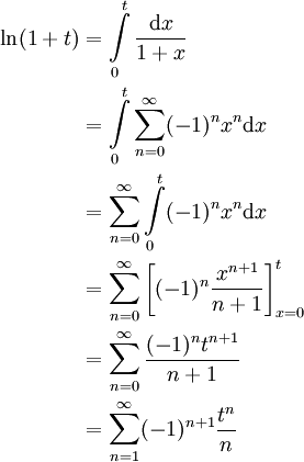 \begin{align}\ln(1+t)&=\int\limits_0^t\frac{\mathrm dx}{1+x}\\&=\int\limits_0^t \sum_{n=0}^\infty (-1)^nx^n \mathrm dx\\&=\sum_{n=0}^\infty \int\limits_0^t (-1)^nx^n\mathrm dx\\&=\sum_{n=0}^\infty\left[(-1)^n\frac{x^{n+1}}{n+1}\right]_{x=0}^t\\&=\sum_{n=0}^\infty \frac{(-1)^nt^{n+1}}{n+1}\\&=\sum_{n=1}^\infty(-1)^{n+1}\frac{t^n}n\end{align}