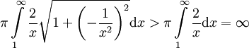 \pi\int\limits_1^\infty\frac2x\sqrt{1+\left(-\frac1{x^2}\right)^2}\mathrm dx>\pi\int\limits_1^\infty\frac2x\mathrm dx=\infty