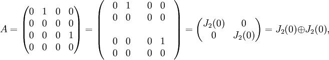 
A=\begin{pmatrix}
0 & 1 &0  & 0\\ 
 0& 0 &0  &0 \\ 
0 & 0 &  0&1 \\ 
 0& 0 &0  &0 \\
\end{pmatrix} = \left(
\begin{array}{cc}
\begin{array}{cc} 0 & 1 \\ 0 & 0\end{array} &  \begin{array}{cc} 0 & 0 \\ 0 & 0\end{array} \\
\\
\begin{array}{cc} 0 & 0 \\ 0 & 0\end{array} &  \begin{array}{cc} 0 & 1 \\ 0 & 0\end{array}
\end{array}\right) = \begin{pmatrix} J_2(0) & 0 \\ 0 & J_2(0)\end{pmatrix} = J_2(0) \oplus J_2(0),
