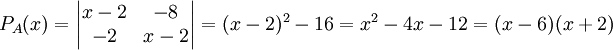 P_{A}(x)=\begin{vmatrix}
x-2 &-8 \\ 
-2&x-2 
\end{vmatrix}=(x-2)^{2}-16=x^{2}-4x-12=(x-6)(x+2)