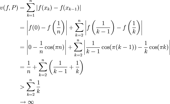 \begin{align}v(f,P)&=\sum_{k=1}^n|f(x_k)-f(x_{k-1})|\\&=\left|f(0)-f\left(\frac1n\right)\right|+\sum_{k=2}^n\left|f\left(\frac1{k-1}\right)-f\left(\frac1k\right)\right|\\&=\left|0-\frac1n\cos(\pi n)\right|+\sum_{k=2}^n\left|\frac1{k-1}\cos(\pi(k-1))-\frac1k\cos(\pi k)\right|\\&=\frac1n+\sum_{k=2}^n\left(\frac1{k-1}+\frac1k\right)\\&>\sum_{k=2}^n\frac1k\\&\to\infty\end{align}