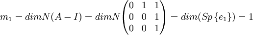             m_{1}=dimN(A-I)=dimN\begin{pmatrix}
0 &1  &1 \\ 
0 &0  &1 \\ 
0 &0  & 1
\end{pmatrix}=dim(Sp\left \{ e_{1} \right \})=1
