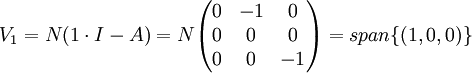 V_1=N(1\cdot I - A) = N\begin{pmatrix}0 & -1 & 0 \\ 0 & 0 & 0 \\ 0 & 0 & -1\end{pmatrix}=span\{(1,0,0)\}