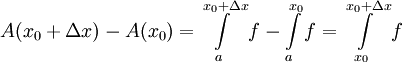 A(x_0+\Delta x)-A(x_0)=\int\limits_a^{x_0+\Delta x} f-\int\limits_a^{x_0} f=\int\limits_{x_0}^{x_0+\Delta x} f