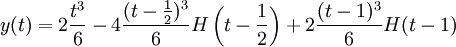 y(t)=2\frac{t^3}{6}-4 \frac{(t-\frac{1}{2})^3}{6}H \left(t-\frac{1}{2} \right)+2 \frac{(t-1)^3}{6} H(t-1)