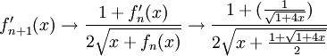 f_{n+1}'(x)\to\frac{1+f_n'(x)}{2\sqrt{x+f_n(x)}}\to\frac{1+(\frac1\sqrt{1+4x})}{2\sqrt{x+\frac{1+\sqrt{1+4x}}2}}