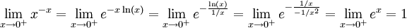 \lim_{x\to0^+} x^{-x}=\lim_{x\to0^+} e^{-x\ln(x)}=\lim_{x\to0^+}e^{-\frac{\ln(x)}{1/x}}=\lim_{x\to0^+}e^{-\frac{1/x}{-1/x^2}}=\lim_{x\to0^+}e^x=1