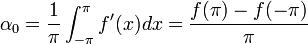 \alpha_0=\frac{1}{\pi}\int_{-\pi}^{\pi}f'(x)dx= \frac{f(\pi)-f(-\pi)}{\pi}