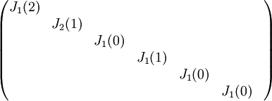\begin{pmatrix}
J_1(2) &  &  &  &  &  & \\ 
 &  J_2(1) & &  &  &  & \\ 
 &  &   J_1(0) &  &  & \\ 
 &  &    &J_1(1)  &  & \\ 
 &  &   &  & J_1(0) & \\ 
 &  &    &  &  &J_1(0) \\ 

\end{pmatrix}