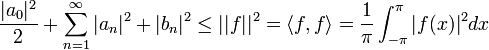 \frac{|a_0|^2}{2}+\sum_{n=1}^\infty |a_n|^2+|b_n|^2 \leq ||f||^2 = \langle f,f\rangle = \frac{1}{\pi}\int_{-\pi}^{\pi} |f(x)|^2dx