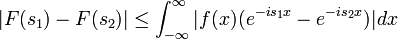 |F(s_1)-F(s_2)|\leq \int_{-\infty}^{\infty}|f(x)(e^{-is_1x}-e^{-is_2x})|dx