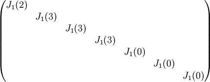 \begin{pmatrix}
J_1(2) &  &  &  &  &  & \\ 
 & J_1(3) &  &  &  &  & \\ 
 &  & J_1(3) &  &  &  & \\ 
 &  &  & J_1(3) &  &  & \\ 
 &  &  &  &J_1(0)  &  & \\ 
 &  &  &  &  & J_1(0) & \\ 
 &  &  &  &  &  & J_1(0)
\end{pmatrix}