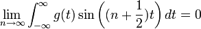 \lim_{n\to\infty} \int_{-\infty}^{\infty}g(t)\sin\left((n+\frac{1}{2})t\right)dt =0