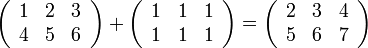 \left(\begin{array}{ccc}
1 & 2 & 3\\
4 & 5 & 6
\end{array}\right)+\left(\begin{array}{ccc}
1 & 1 & 1\\
1 & 1 & 1
\end{array}\right)=\left(\begin{array}{ccc}
2 & 3 & 4\\
5 & 6 & 7
\end{array}\right)