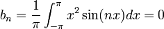 b_n=\frac{1}{\pi}\int_{-\pi}^{\pi}x^2\sin(nx)dx=0