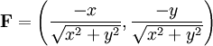 \textbf{F}=\left( \frac{-x}{\sqrt{x^2+y^2}},\frac{-y}{\sqrt{x^2+y^2}} \right)