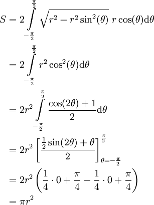 \begin{align}S&=2\int\limits_{-\frac\pi2}^{\frac\pi2}\sqrt{r^2-r^2\sin^2(\theta)}\ r\cos(\theta)\mathrm d\theta\\&=2\int\limits_{-\frac\pi2}^{\frac\pi2}r^2\cos^2(\theta)\mathrm d\theta\\&=2r^2\int\limits_{-\frac\pi2}^{\frac\pi2}\frac{\cos(2\theta)+1}2\mathrm d\theta\\&=2r^2\left[\frac{\frac12\sin(2\theta)+\theta}2\right]_{\theta=-\frac\pi2}^{\frac\pi2}\\&=2r^2\left(\frac14\cdot0+\frac\pi4-\frac14\cdot0+\frac\pi4\right)\\&=\pi r^2\end{align}