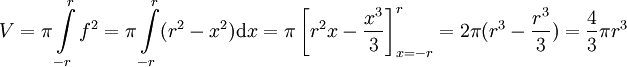 V=\pi\int\limits_{-r}^r f^2=\pi\int\limits_{-r}^r (r^2-x^2)\mathrm dx=\pi\left[r^2x-\frac{x^3}3\right]_{x=-r}^r=2\pi(r^3-\frac{r^3}3)=\frac43\pi r^3