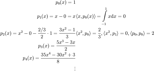 \begin{align}p_0(x)=1\\p_1(x)=x-0=x&\langle x,p_0(x)\rangle=\int\limits_{-1}^1x\mathrm dx=0\\p_2(x)=x^2-0-\frac{2/3}2\cdot1=\frac{3x^2-1}3&\langle x^2,p_0\rangle=\frac23,\langle x^2,p_1\rangle=0,\langle p_0,p_0\rangle=2\\p_3(x)=\frac{5x^3-3x}2\\p_4(x)=\frac{35x^4-30x^2+3}8\\\vdots\end{align}