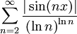 \sum_{n=2}^{\infty}\frac{|\sin(nx)|}{{(\ln n)}^{\ln n}}