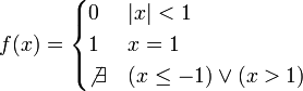f(x)=\begin{cases}0&|x|<1\\ 1 & x=1 \\ \not\exists & (x\leq -1) \or (x>1)\end{cases}
