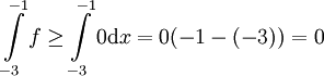 \int\limits_{-3}^{-1}f\ge\int\limits_{-3}^{-1} 0\mathrm dx=0(-1-(-3))=0