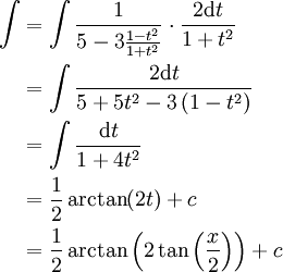 \begin{align}\int&=\int\frac1{5-3\frac{1-t^2}{1+t^2}}\cdot\frac{2\mathrm dt}{1+t^2}\\&=\int\frac{2\mathrm dt}{5+5t^2-3\left(1-t^2\right)}\\&=\int\frac{\mathrm dt}{1+4t^2}\\&=\frac12\arctan(2t)+c\\&=\frac12\arctan\left(2\tan\left(\frac x2\right)\right)+c\end{align}