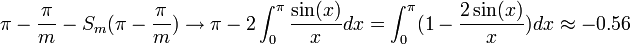 \pi-\frac{\pi}{m} - S_m (\pi-\frac{\pi}{m}) \to \pi - 2\int_0^\pi \frac{\sin(x)}{x}dx = \int_0^\pi (1-\frac{2\sin(x)}{x})dx \approx -0.56