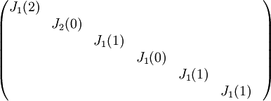 \begin{pmatrix}
J_1(2) &  &  &  &  &  & \\ 
 &  J_2(0) & &  &  &  & \\ 
 &  &   J_1(1) &  &  & \\ 
 &  &    &J_1(0)  &  & \\ 
 &  &   &  & J_1(1) & \\ 
 &  &    &  &  &J_1(1) \\ 

\end{pmatrix}