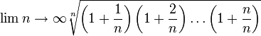 \lim{n\to\infty}\sqrt[n]{\left(1+\frac1n\right)\left(1+\frac2n\right)\dots\left(1+\frac nn\right)}