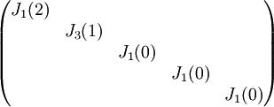 \begin{pmatrix}
 J_1(2)&  &  &  & \\ 
 &  J_3(1)&  &  & \\ 
 &  &  J_1(0) & & \\ 
 &  &  & J_1(0) & \\ 
 &  &  &  & J_1(0)
\end{pmatrix}