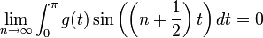 \lim_{n\to\infty}\int_{0}^\pi g(t)\sin\left(\left(n+\frac{1}{2}\right)t\right)dt = 0