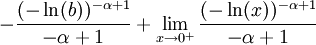 -\frac{(-\ln(b))^{-\alpha+1}}{-\alpha+1}+\lim_{x\to0^+}\frac{(-\ln(x))^{-\alpha+1}}{-\alpha+1}