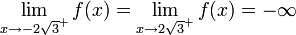 \lim\limits_{x\to{-2\sqrt3}^+}f(x)=\lim\limits_{x\to{2\sqrt3}^+}f(x)=-\infty
