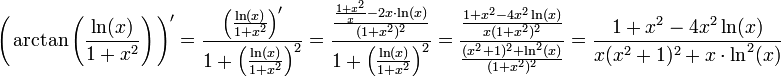 \Bigg(\arctan\left(\frac{\ln(x)}{1+x^2}\right)\Bigg)'=\frac{\left(\frac{\ln(x)}{1+x^2}\right)'}{1+\left(\frac{\ln(x)}{1+x^2}\right)^2}=\frac{\frac{\frac{1+x^2}{x}-2x\cdot\ln(x)}{(1+x^2)^2}}{1+\left(\frac{\ln(x)}{1+x^2}\right)^2}=\frac{\frac{1+x^2-4x^2\ln(x)}{x(1+x^2)^2}}{\frac{(x^2+1)^2+\ln^2(x)}{(1+x^2)^2}}=\frac{1+x^2-4x^2\ln(x)}{x(x^2+1)^2+x\cdot\ln^2(x)}