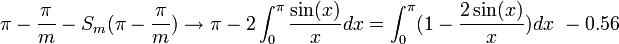 \pi-\frac{\pi}{m} - S_m (\pi-\frac{\pi}{m}) \to \pi - 2\int_0^\pi \frac{\sin(x)}{x}dx = \int_0^\pi (1-\frac{2\sin(x)}{x})dx ~ -0.56