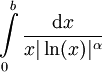 \int\limits_0^b\frac{\mathrm dx}{x|\ln(x)|^\alpha}