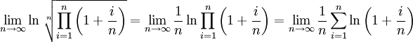 \lim_{n\to\infty} \ln\sqrt[n]{\prod_{i=1}^n\left(1+\frac in\right)}=\lim_{n\to\infty} \frac1n \ln \prod_{i=1}^n\left(1+\frac in\right)=\lim_{n\to\infty}\frac1n \sum_{i=1}^n\ln\left(1+\frac in\right)