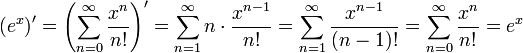 \left(e^x\right)'=\left(\sum_{n=0}^\infty \frac{x^n}{n!}\right)'=\sum_{n=1}^\infty n\cdot \frac{x^{n-1}}{n!} = \sum_{n=1}^\infty \frac{x^{n-1}}{(n-1)!}=\sum_{n=0}^\infty \frac{x^n}{n!}=e^x