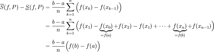 \begin{align}\overline S(f,P)-\underline S(f,P)&=\frac{b-a}n\sum_{k=1}^n\Big(f(x_k)-f(x_{k-1})\Big)\\&=\frac{b-a}n\sum_{k=1}^n\Big(f(x_1)-\underbrace{f(x_0)}_{=f(a)}+f(x_2)-f(x_1)+\dots+\underbrace{f(x_n)}_{=f(b)}+f(x_{n-1})\Big)\\&=\frac{b-a}n\Big(f(b)-f(a)\Big)\end{align}
