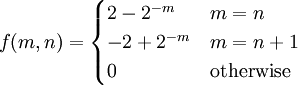 f(m,n)=\begin{cases} 2-2^{-m} & m=n\\ -2+2^{-m} & m=n+1\\ 0 & \text{otherwise} \end{cases}