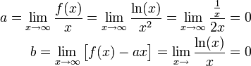 \begin{align}\displaystyle a=\lim_{x\to\infty}\frac{f(x)}{x}=\lim_{x\to\infty}\frac{\ln(x)}{x^2}=\lim_{x\to\infty}\frac{\frac1x}{2x}=0\\b=\lim_{x\to\infty}\big[f(x)-ax\big]=\lim_{x\to}\frac{\ln(x)}{x}=0\end{align}